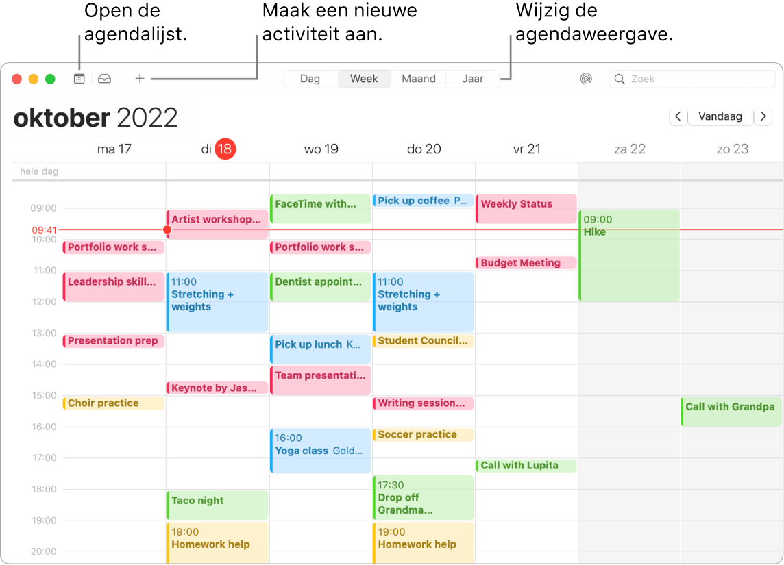 Een Agenda-venster waarin wordt aangegeven hoe je de agendalijst weergeeft, een activiteit aanmaakt en de dag-, week-, maand- of jaarweergave kiest.