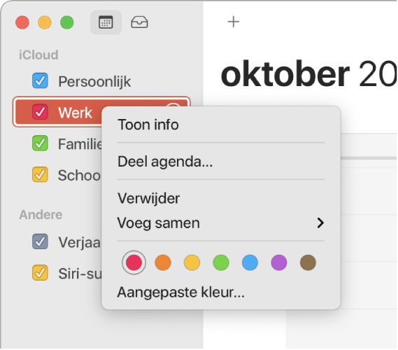 Het contextuele menu 'Agenda' met opties om de kleur van een agenda aan te passen.