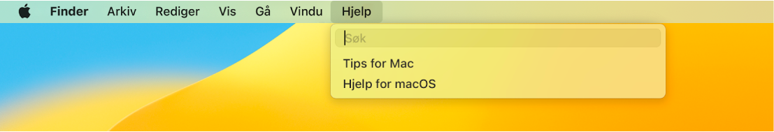 En del av et skrivebord med Hjelp-menyen åpen som viser menyvalgene for Søk og Hjelp for macOS.