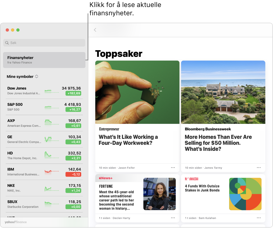 Aksjer-oversikten, som viser markedspriser i en liste sammen med Top Stories.