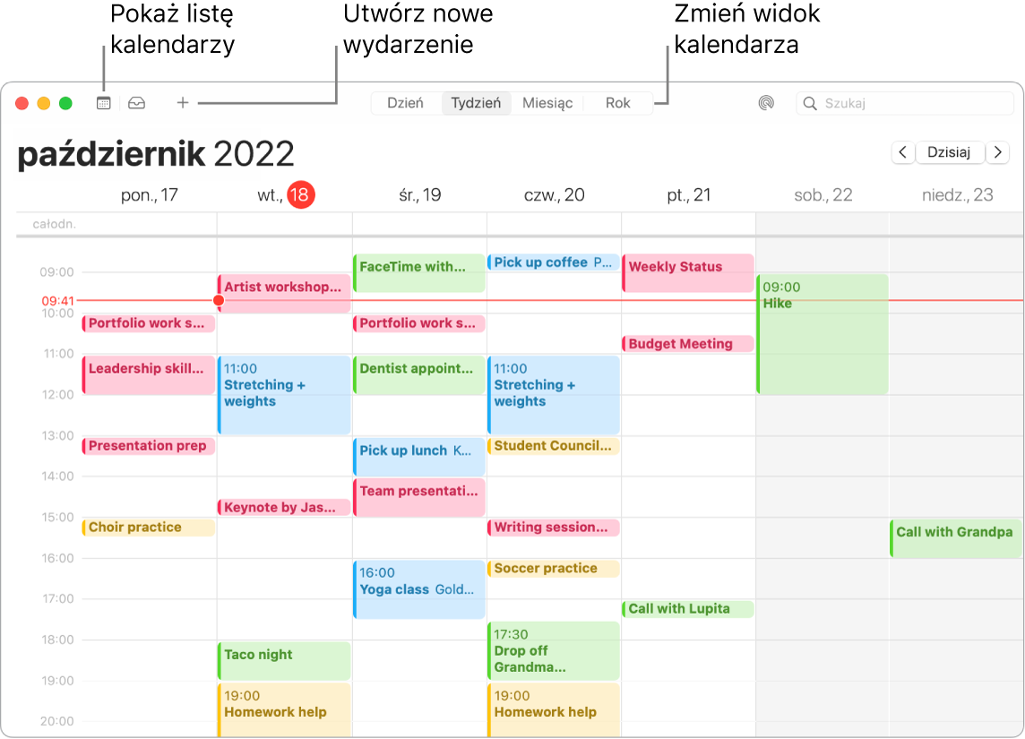 Okno Kalendarza pokazujące listę kalendarzy, sposób tworzenia wydarzenia oraz sposób wybierania widoku dnia, tygodnia, miesiąca lub roku.