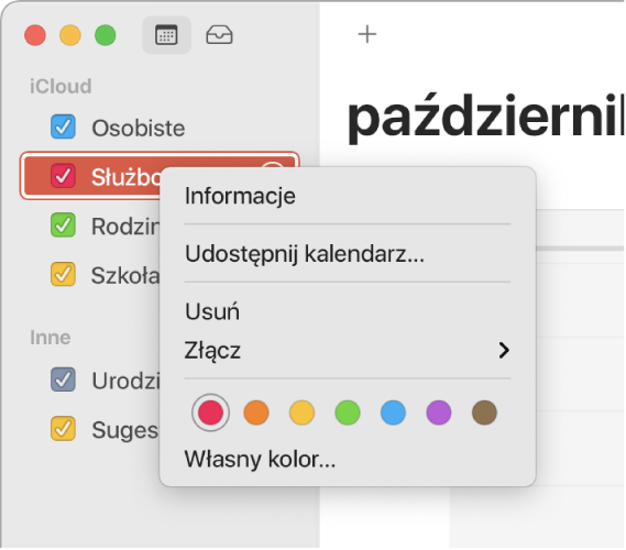 Menu podręczne w Kalendarzu pozwalające na zmianę koloru kalendarza.