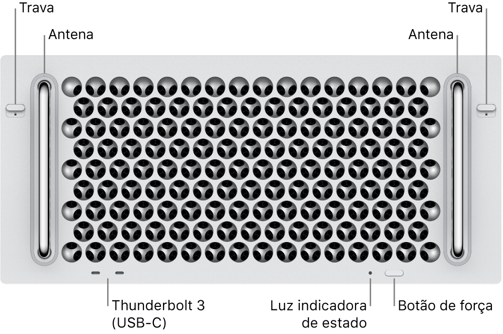 Frente do Mac Pro mostrando duas portas Thunderbolt 3 (USB-C), uma luz indicadora do sistema, botão de força e antena.