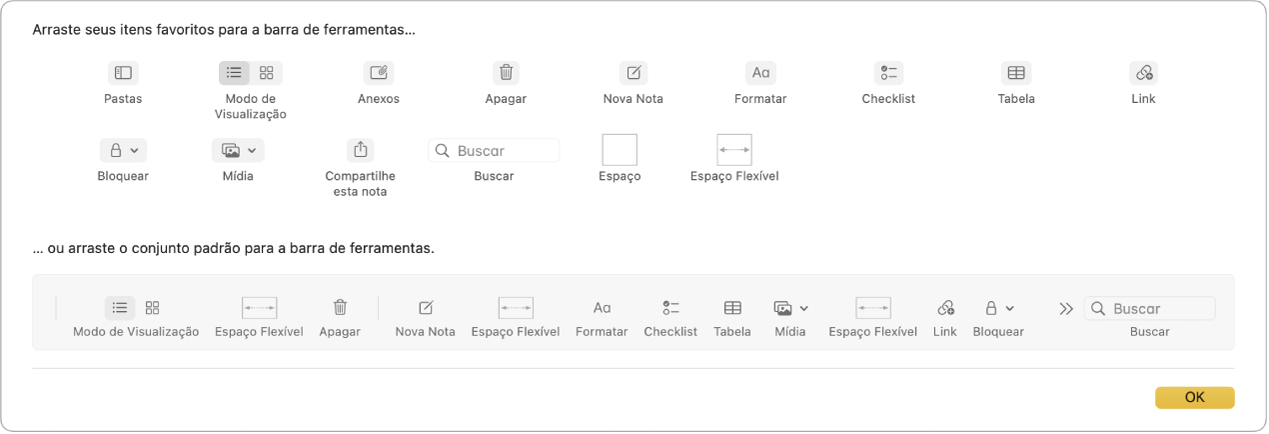 Janela do Notas mostrando as opções de personalização da barra de ferramentas disponíveis.