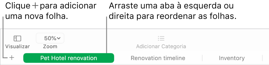 Janela do Numbers mostrando como adicionar uma nova folha e como reordenar as folhas.