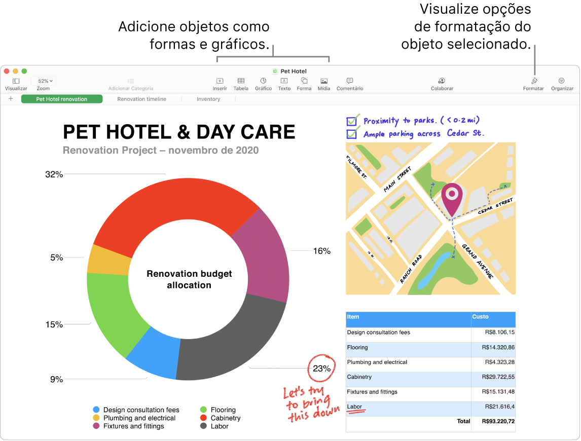 Uma janela do Numbers com a barra de ferramentas e suas ferramentas de edição na parte superior, o botão Colaborar próximo à parte superior direita e os botões Formatar e Organizar à direita.