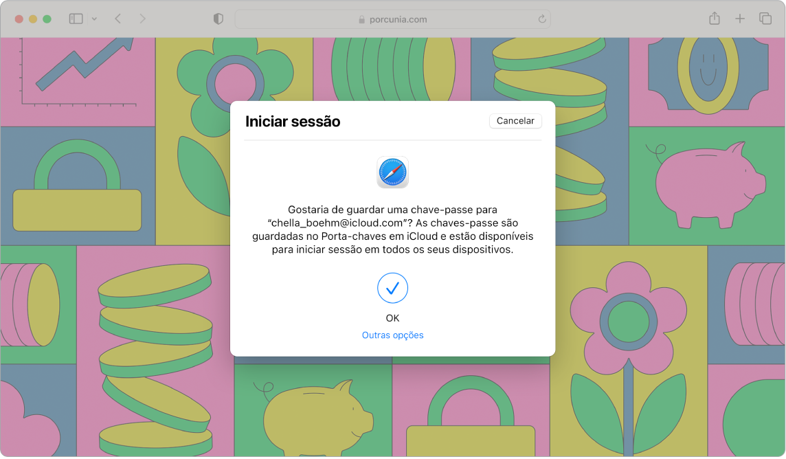 Uma janela do Safari a mostrar uma caixa de diálogo de início de sessão que pergunta se o utilizador pretende guardar uma chave-passe. A caixa de diálogo indica que as chaves-passe são guardadas no Porta-chaves em iCloud e estão disponíveis para iniciar sessão em todos os dispositivos. Uma marca de visto indica que o código foi criado, e há uma ligação para “Outras opções” para criar um código.