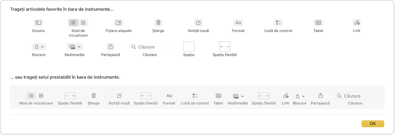 O fereastră Notițe afișând opțiunile disponibile pentru personalizarea barei de instrumente.