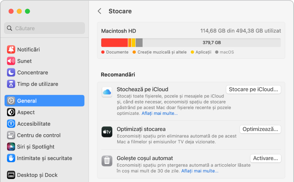 Configurările Recomandări pentru stocare, afișând opțiunile Stochează pe iCloud, Optimizează stocarea și Golește coșul automat.