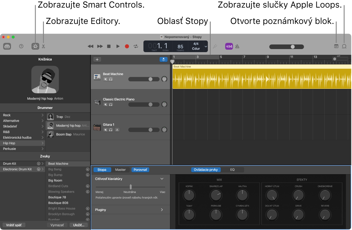 Okno aplikácie GarageBand znázorňujúce tlačidlá na prístup k dynamickému ovládaniu, editorom, poznámkam a súborom Apple Loops. Znázornené je tiež zobrazenie stôp.