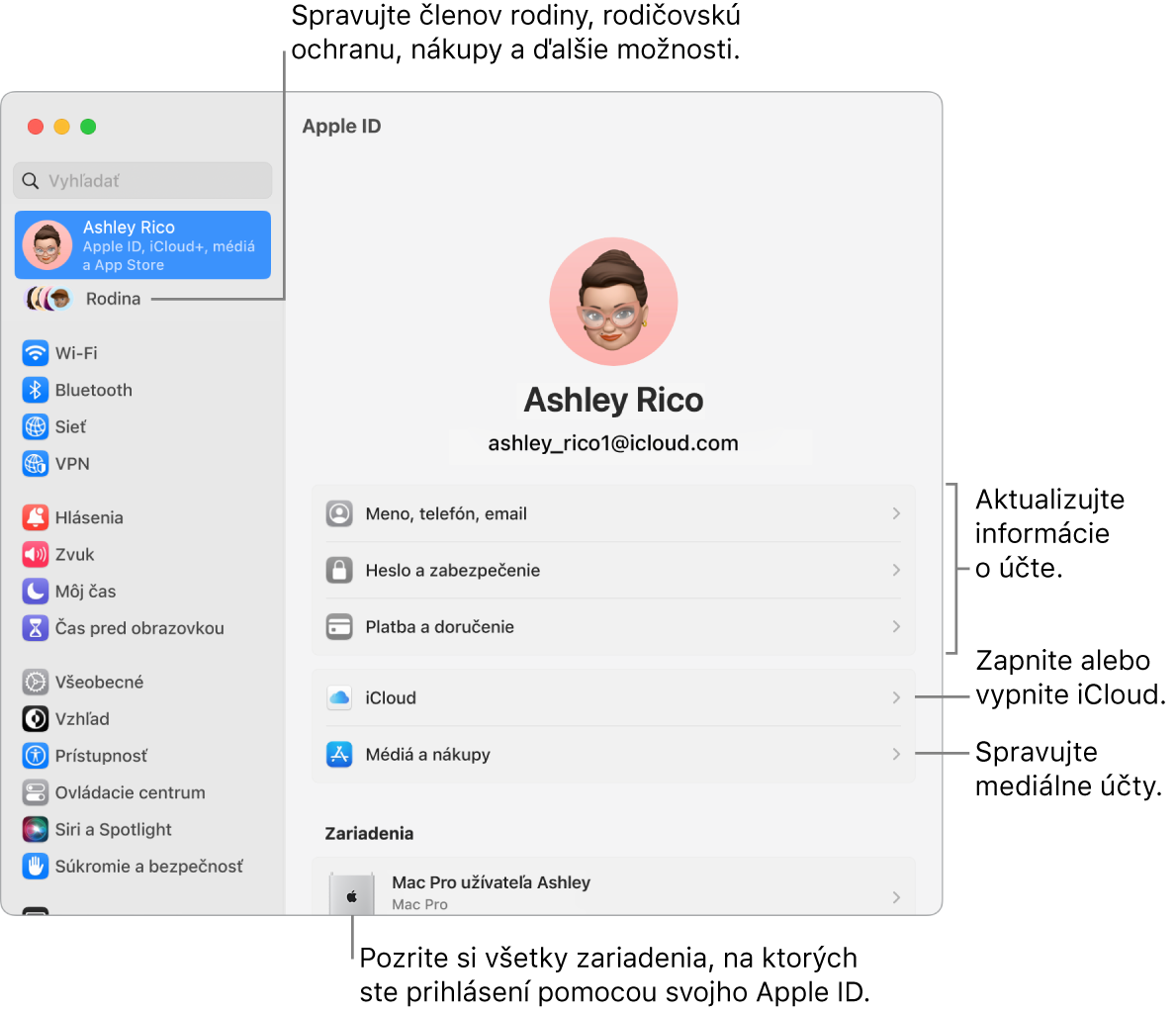 Panel Apple ID v Systémových nastaveniach s popismi na aktualizáciu informácií o účte, zapnutie alebo vypnutie funkcií iCloudu, správu mediálnych účtov a položku Rodina, kde môžete spravovať členov rodiny, rodičovskú ochranu, nákupy a ďalšie možnosti.