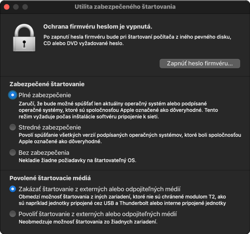 Otvorené okno Utility zabezpečeného štartovania so zaškrtnutou možnosťou zabezpečeného spúšťania a zaškrtnutou možnosťou externého spúšťania.