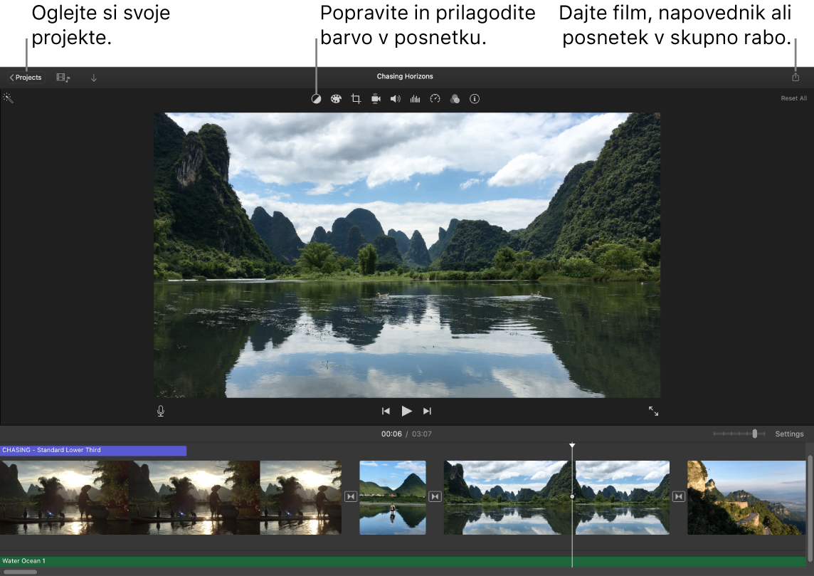 Okno aplikacije iMovie prikazuje gumbe za ogled projektov, popravljanje in prilagajanje barve in deljenje filmov, napovednikov ali filmskih odlomkov z drugimi.