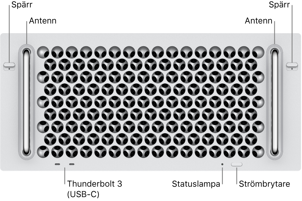 Framsidan på Mac Pro med två Thunderbolt 3 (USB-C)-portar, en systemstatuslampa, strömbrytare och antenn.