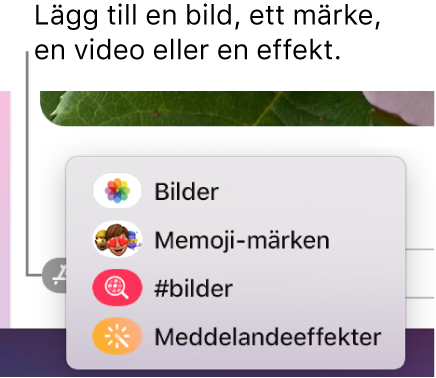 Appmenyn med alternativ för att visa bilder, Memoji-märken, GIF-filer och meddelandeeffekter.