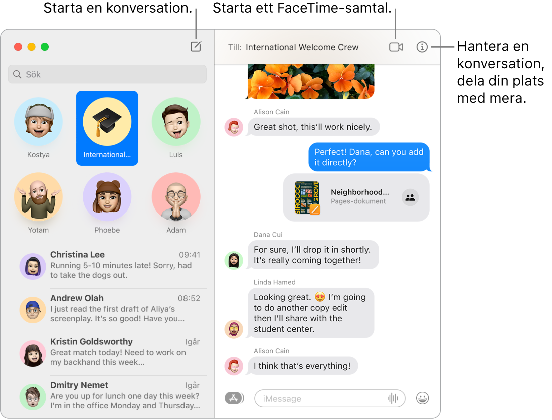 Ett Meddelanden-fönster som visar hur du startar en konversation och ringer ett FaceTime-samtal.