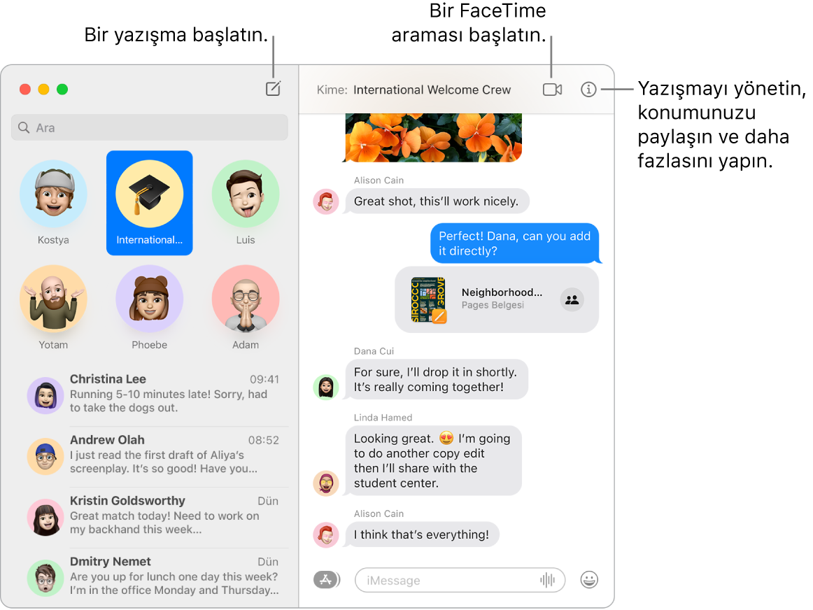 Bir yazışmanın ve FaceTime aramasının nasıl başlatılacağını gösteren bir Mesajlar penceresi.