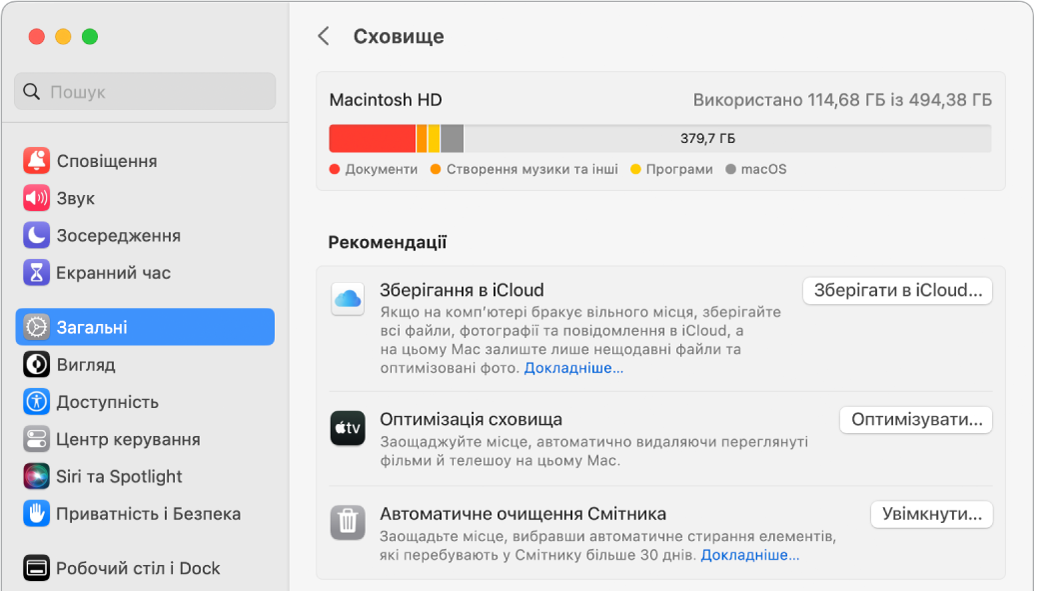 Параметри «Рекомендації» для сховища, де відображаються опції «Зберігати в iCloud», «Оптимізувати сховище» і «Очищати Смітник автоматично».