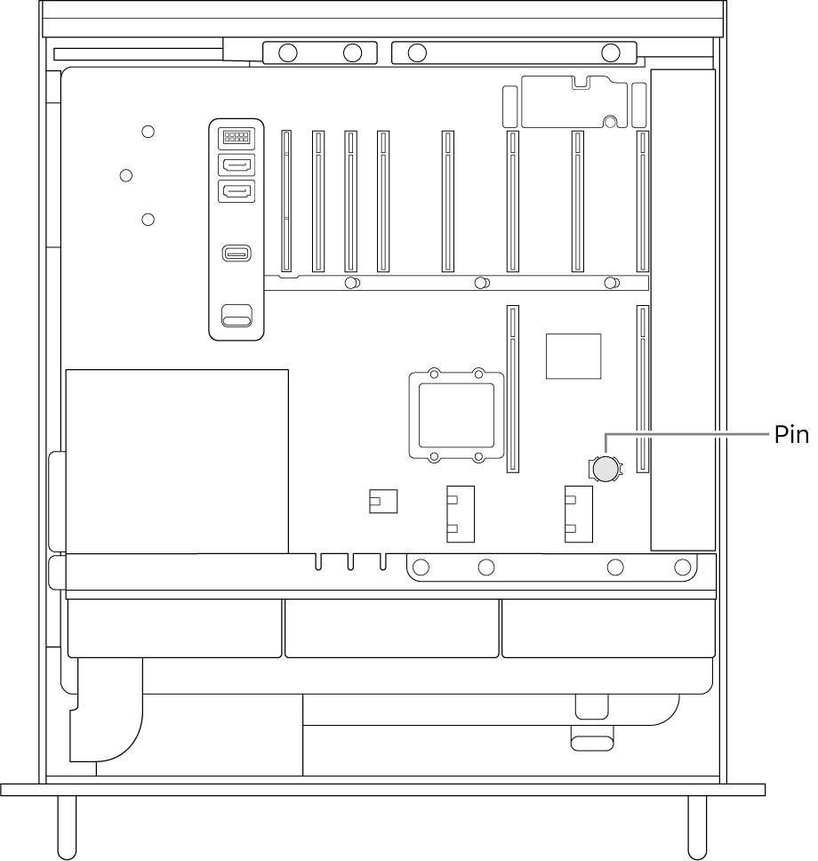 Hình ảnh mặt bên được mở của Mac Pro minh họa vị trí của viên pin đồng xu.