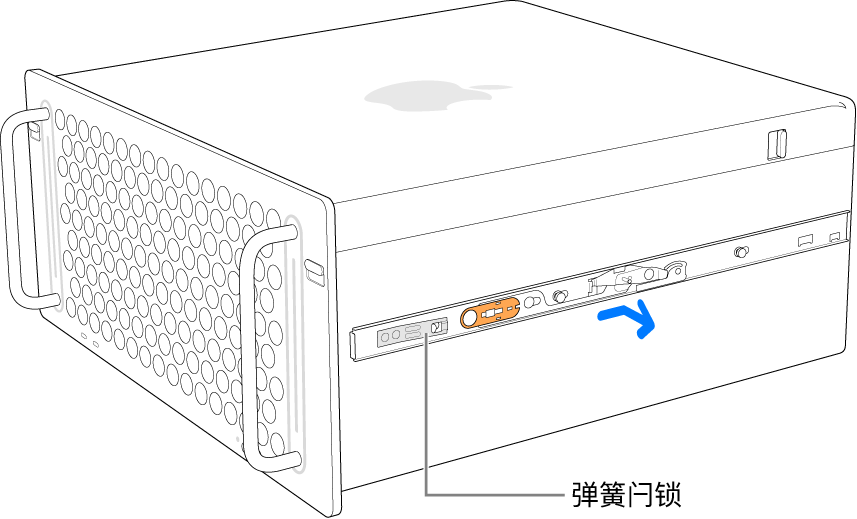 被从 Mac Pro 侧面卸下的导轨。