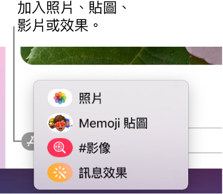 包含顯示照片、Memoji 貼圖、GIF 和訊息效果選項的 App 選單。