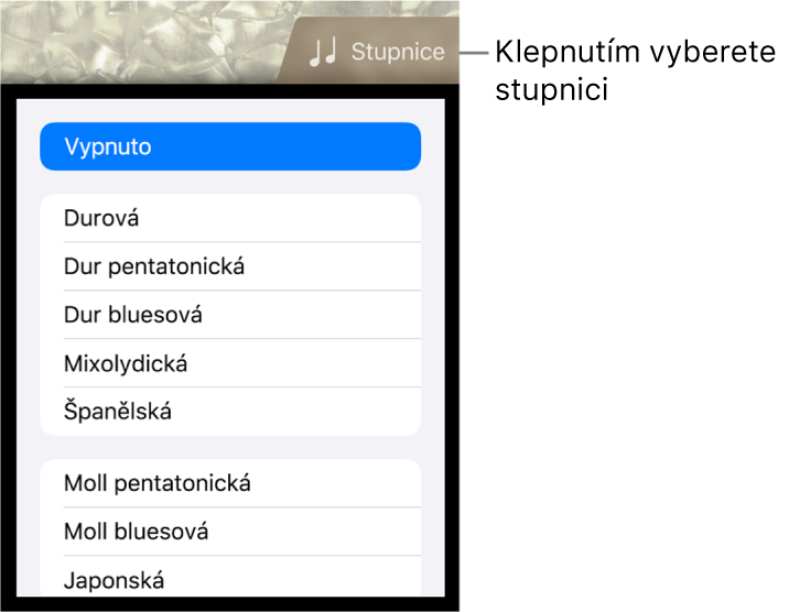 Tlačítko Stupnice a seznam stupnic u basy