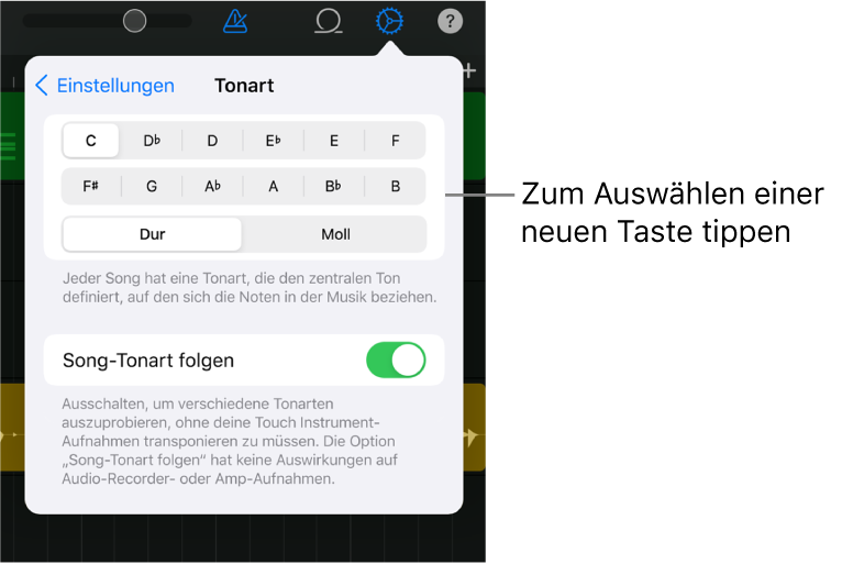 Songeinstellungen einschließlich Steuerelementen für die Tonart