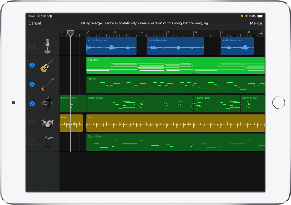 Track headers showing Merge Track circles