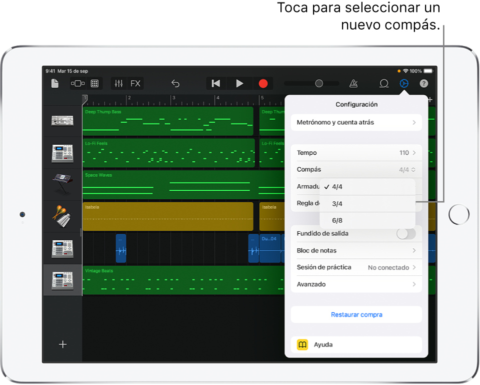 Configuración de la canción, incluidos los controles de compás