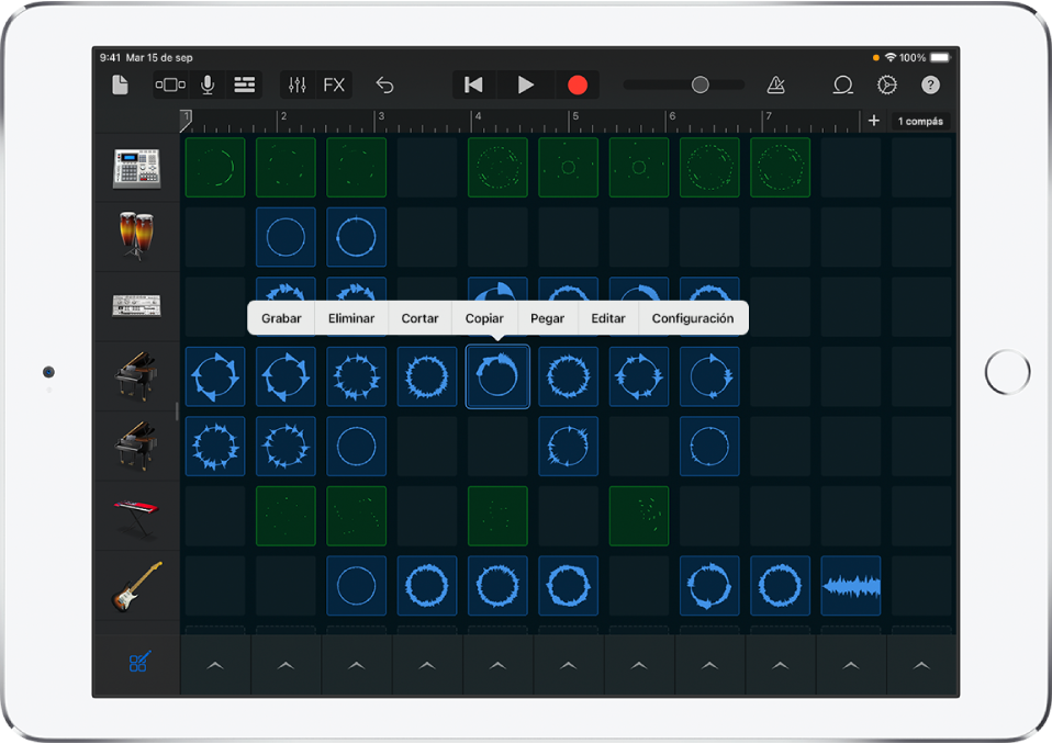 Figura. Tablatura Live Loops con la edición de celdas activada.