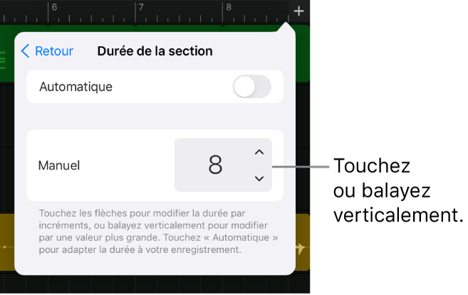 Commandes de modification de la durée d’une section de morceau