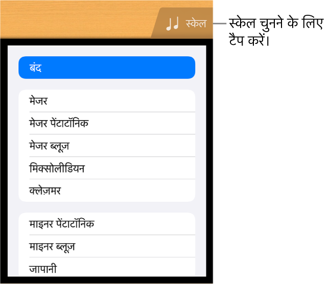 “गिटार स्केल” बटन और स्केल सूची