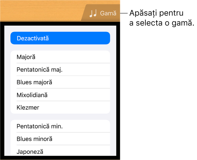 Buton gamă Chitară și listă Gamă