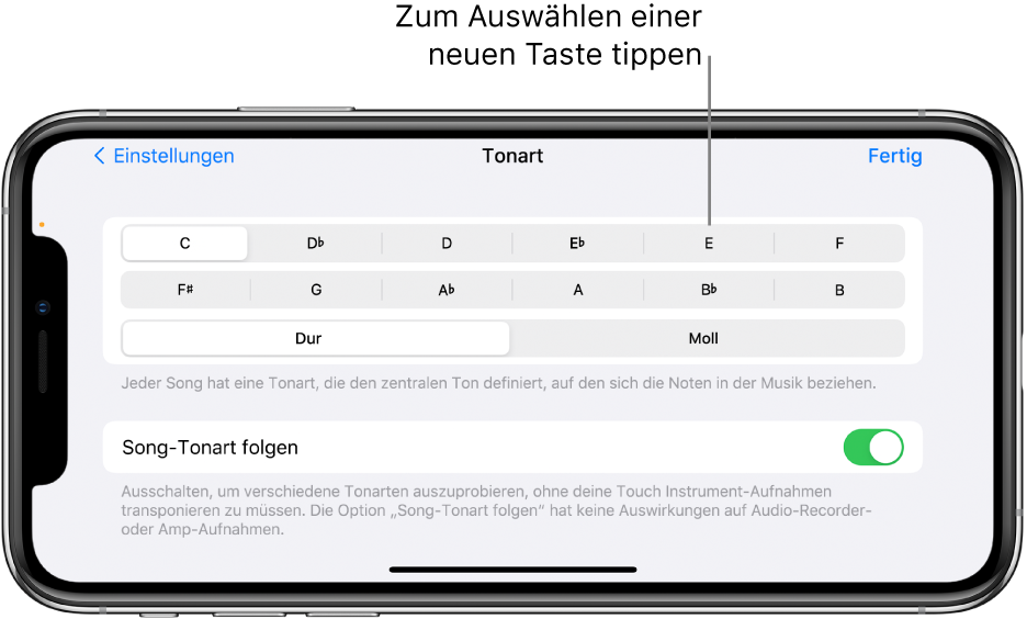 Tonart-Steuerung in den Songeinstellungen