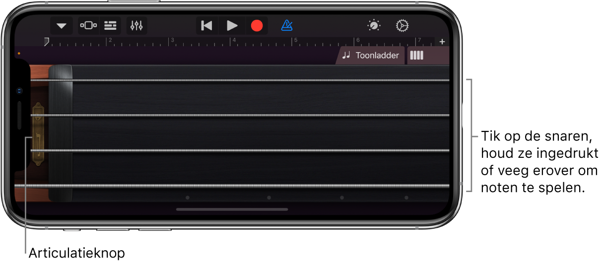 Notenweergave op het Touch-instrument Snaarinstrumenten