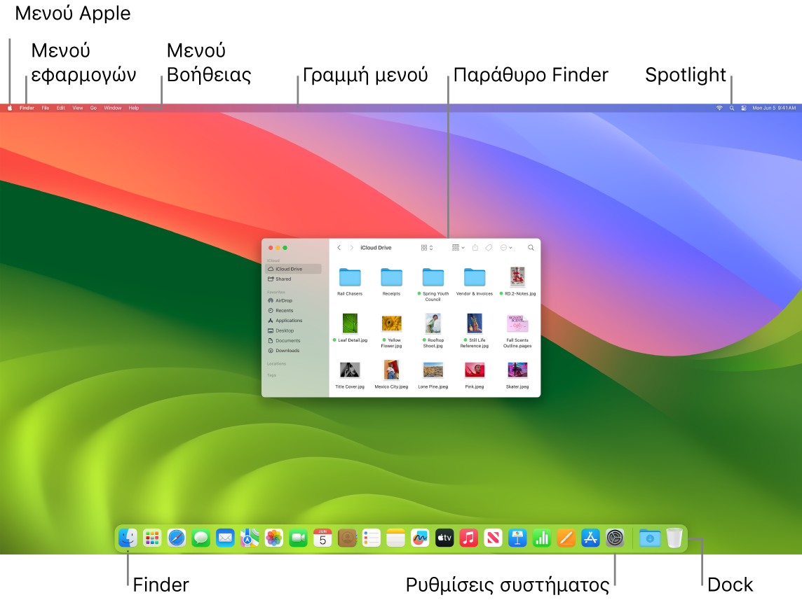 Μια οθόνη Mac όπου φαίνεται το μενού Apple, το μενού Εφαρμογής, το μενού «Βοήθεια», η γραμμή μενού, ένα παράθυρο του Finder, το εικονίδιο του Spotlight, το εικονίδιο του Finder, το εικονίδιο των Ρυθμίσεων συστήματος, και το Dock.