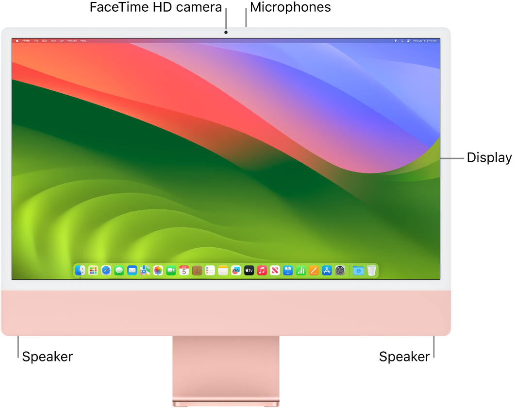 Front view of iMac showing the display, camera, microphones, and speakers.