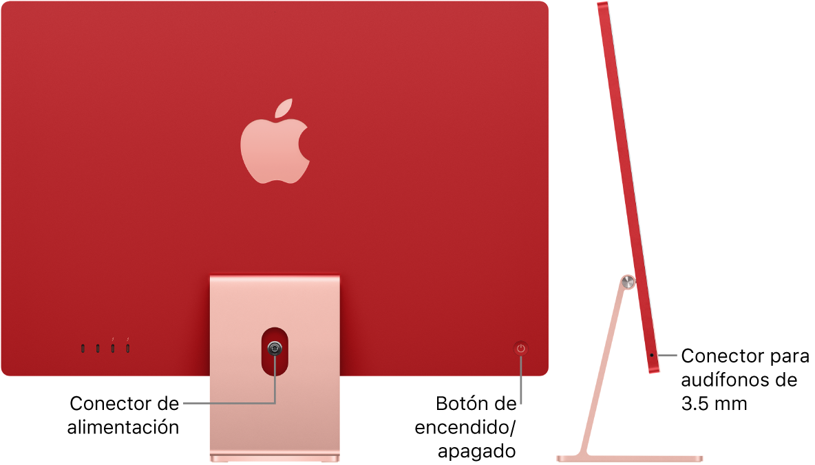 Parte posterior de la iMac mostrando el conector de alimentación y el botón de encendido. A un lado se muestra una vista lateral con la entrada para audífonos.