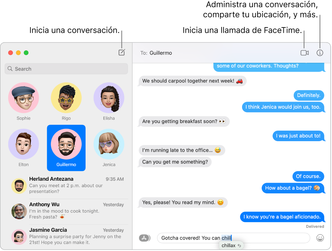 Ventana de Mensajes mostrando cómo comenzar una conversación y una llamada de FaceTime.