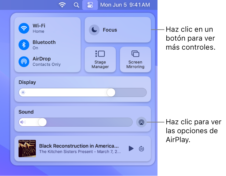 Vista ampliada del centro de control del Mac.