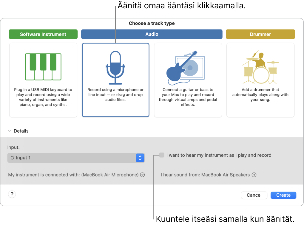 GarageBandin instrumenttipaneeli, jossa näkyy, missä klikata äänen tallentamista varten ja miten kuulet oman äänesi äänityksen aikana.