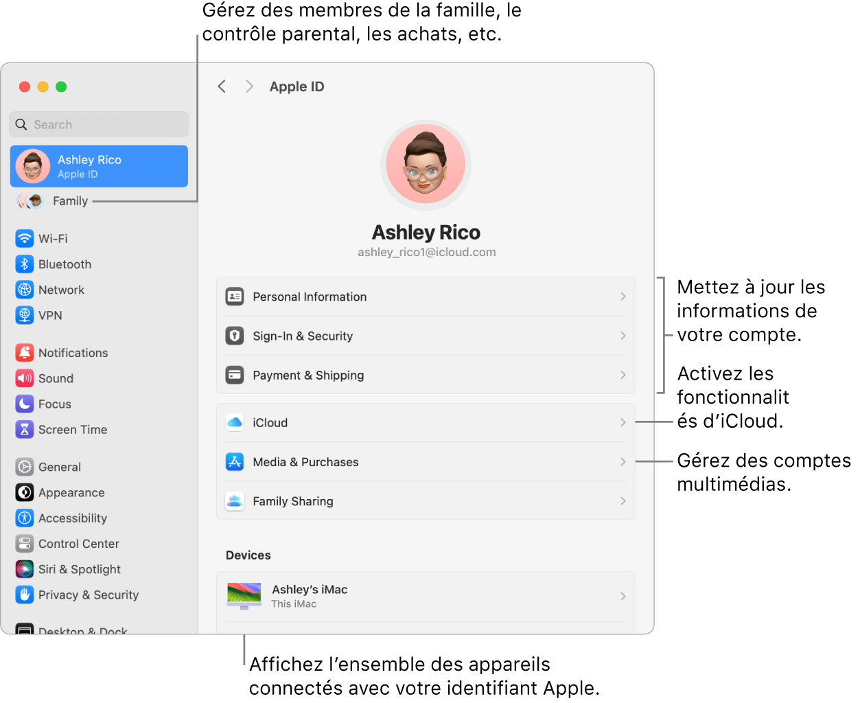 Réglages de l’identifiant Apple dans « Réglages Système » avec des légendes pour la mise à jour des informations du compte, l’activation ou la désactivation des fonctionnalités iCloud, la gestion des comptes multimédias, et Famille, où vous pouvez gérer les membres de votre famille, les contrôles parentaux, les achats, et plus encore.