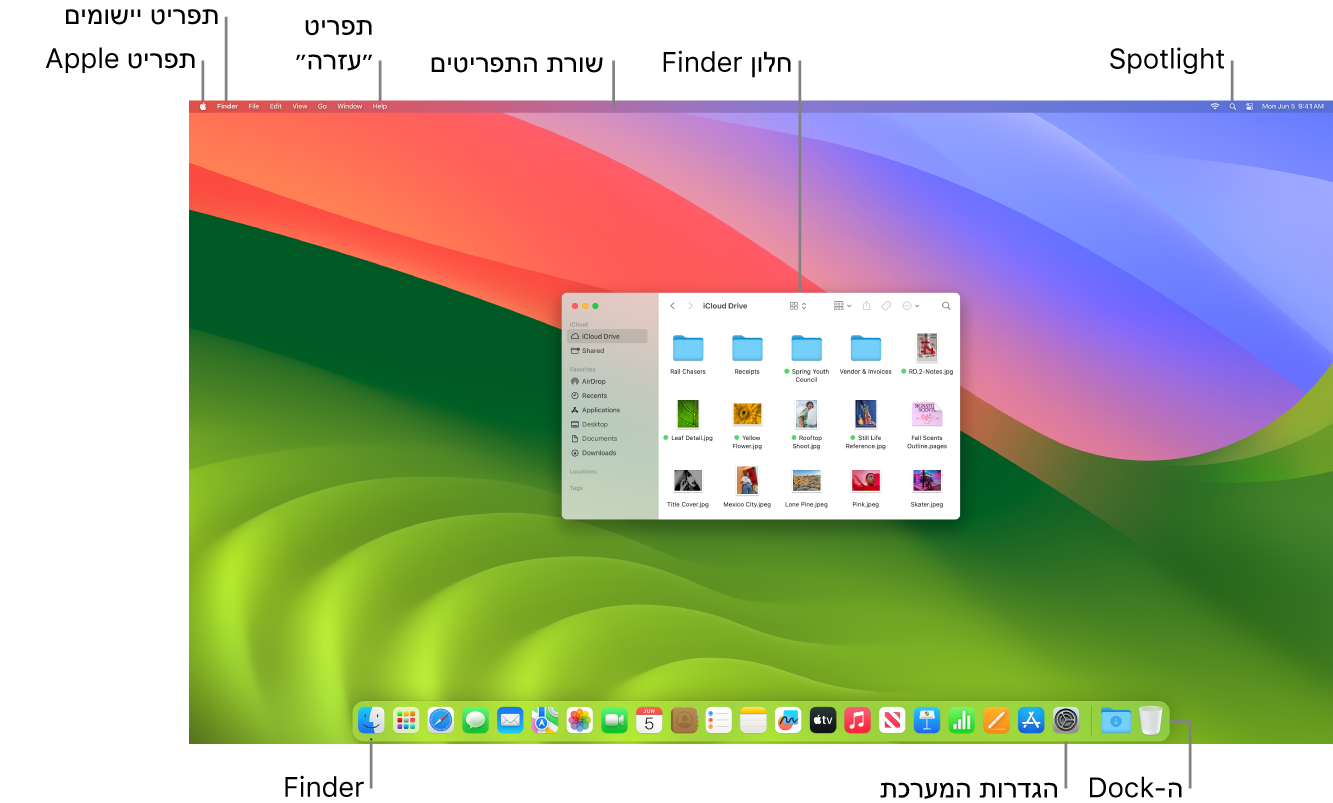 מסך Mac המציג את הרכיבים הבאים: תפריט Apple, תפריט ״יישומים״, תפריט ״עזרה״, שורת התפריטים, חלון של Finder, האייקון של Spotlight, האייקון של Finder, האייקון של ״הגדרות המערכת״ וה‑Dock.