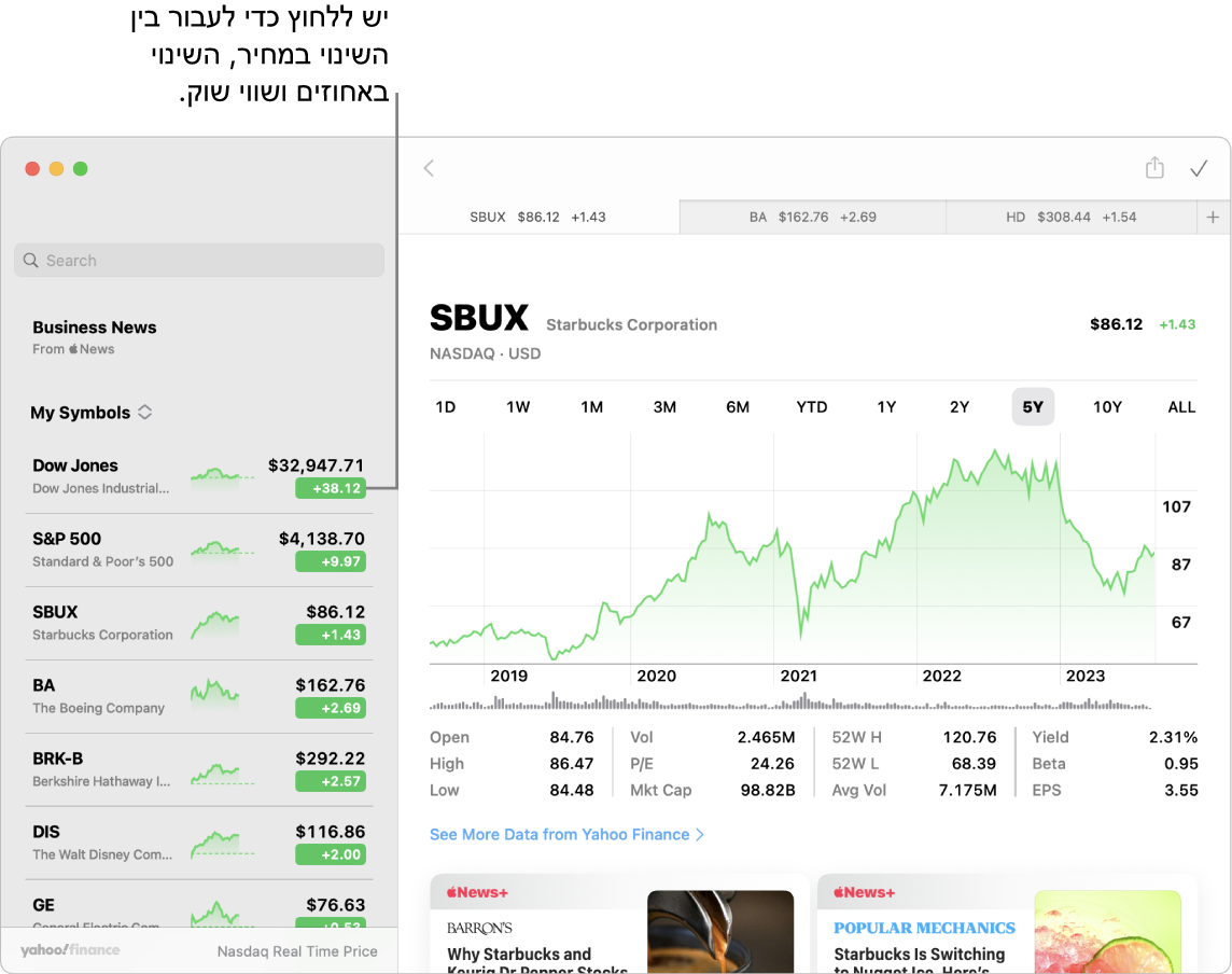 מסך ביישום ״מניות״ עם מידע וכתבות על המניה הנבחרת, והכיתוב ״לחץ/י למעבר בין שינוי מחיר, שינוי באחוזים ושווי שוק״.