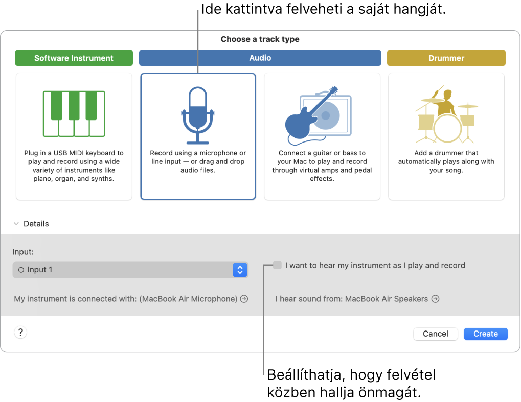 A GarageBand hangszerpanele, amelyen megtekintheti, hová kell kattintania a hang rögzítéséhez, és hogyan hallgathatja magát felvételkor.