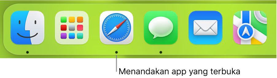 Bagian Dock menampilkan titik hitam di bawah app yang terbuka.