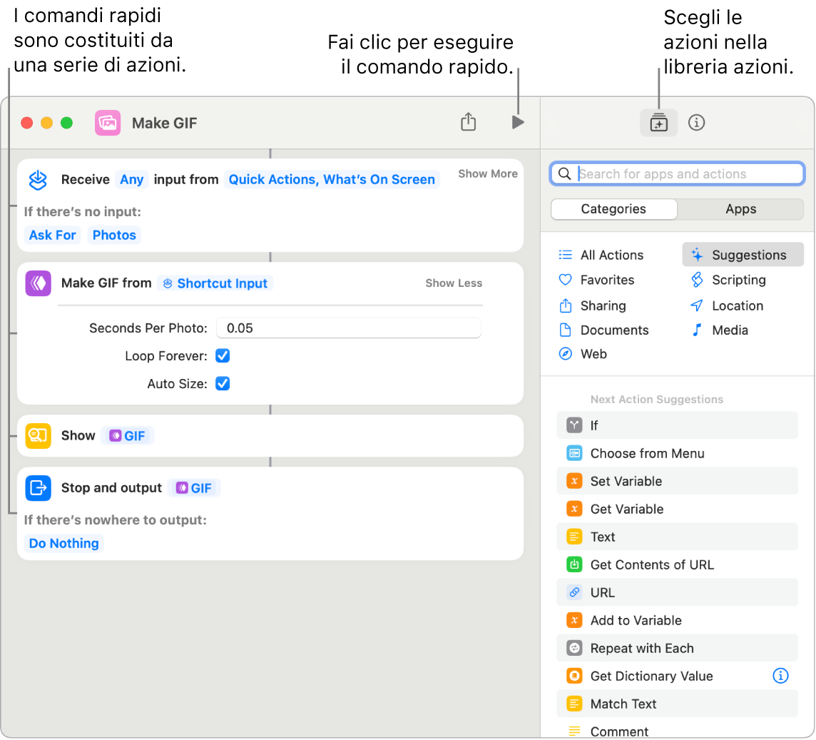 L’editor del comando rapido “Crea GIF” a sinistra e la libreria di azioni a destra.