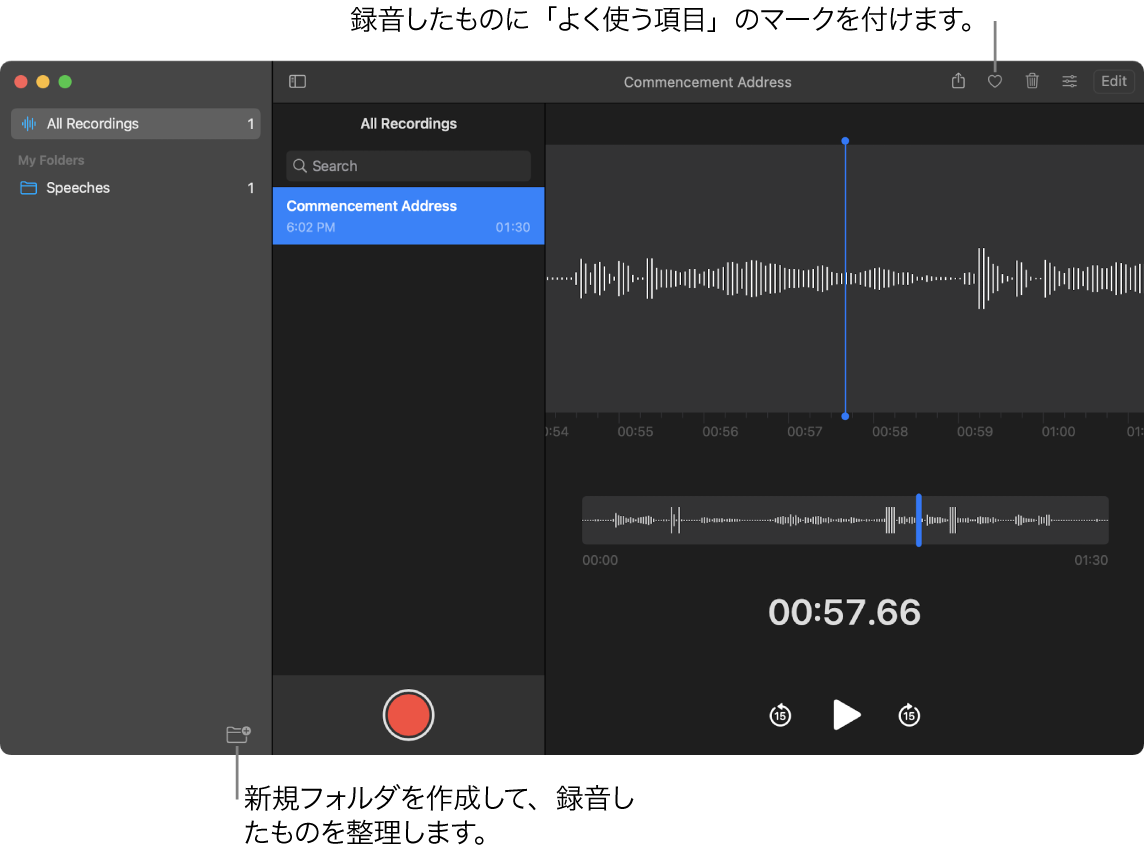 ボイスメモウインドウ。新規フォルダの作成方法や、録音をよく使う項目としてマークする方法が示されています。