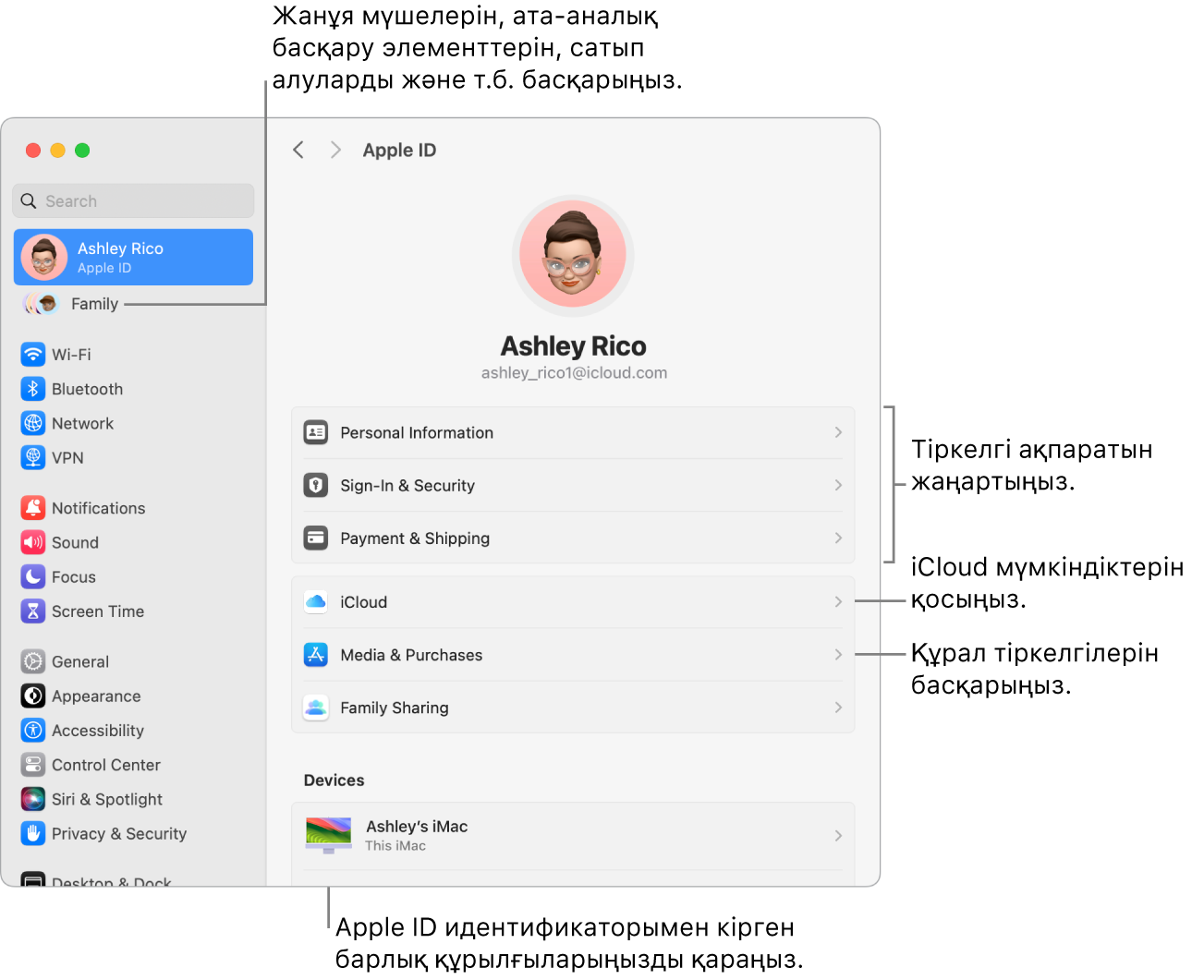 Тіркелгі ақпаратын жаңарту, iCloud мүмкіндіктерін қосу немесе өшіру, медиа тіркелгілерін басқару үшін тілше деректері бар System Settings терезесіндегі және ішінде жанұя мүшелерін, ата-аналық бақылауларды, сатып алуларды және т.б. басқаруға болатын Family терезесіндегі Apple ID параметрлері.