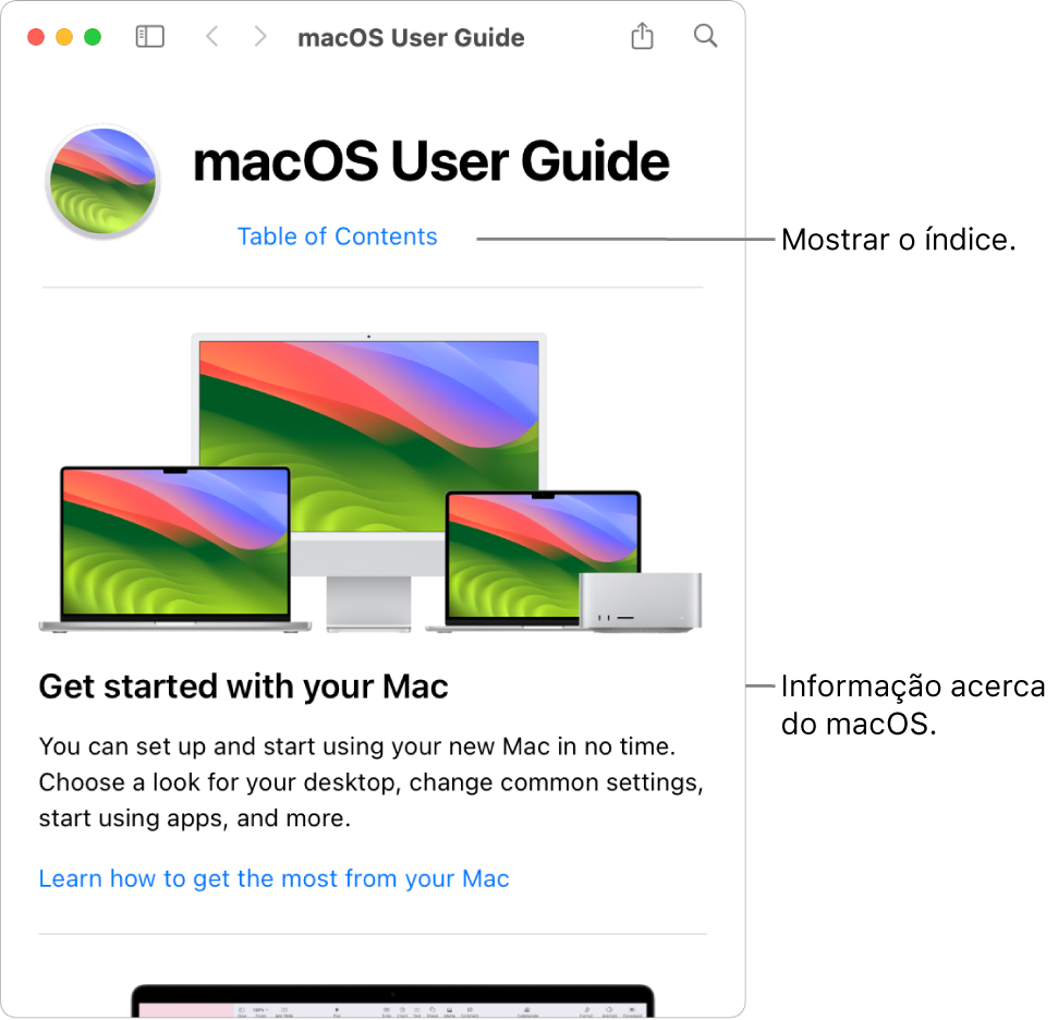 A página de introdução ao Manual de Utilização do macOS a mostrar a hiperligação “Índice”.